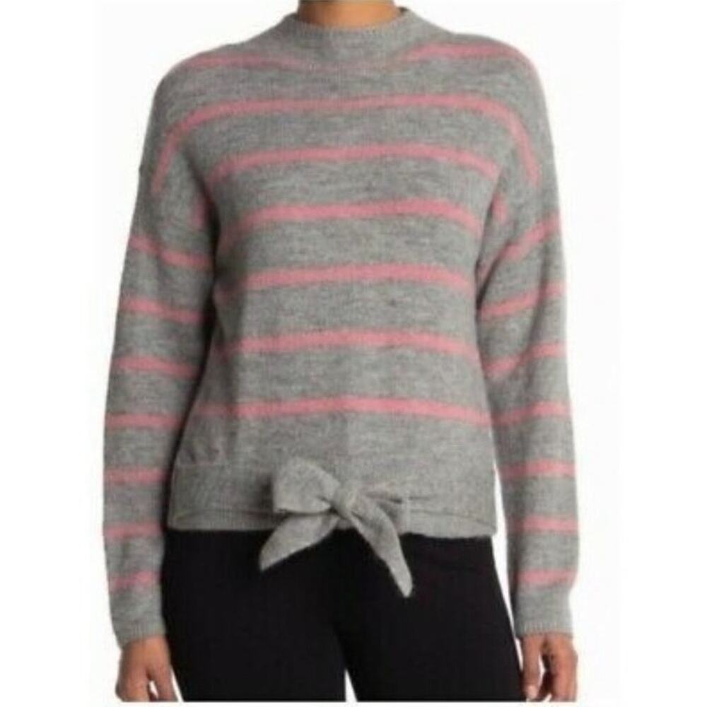 New Wayf Striped Pullover Sweater Grey Pink Belted Funnel Mock Neck Size Small